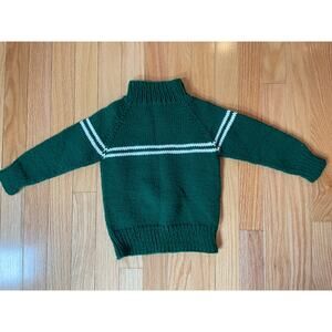 Vintage handmade wool green sweater, kids, white stripe